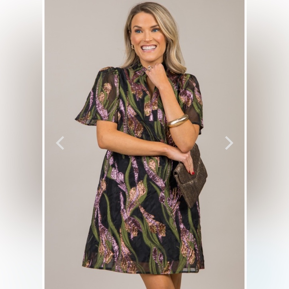 THML Black Organza Dress with Pink and Green Sequin Design